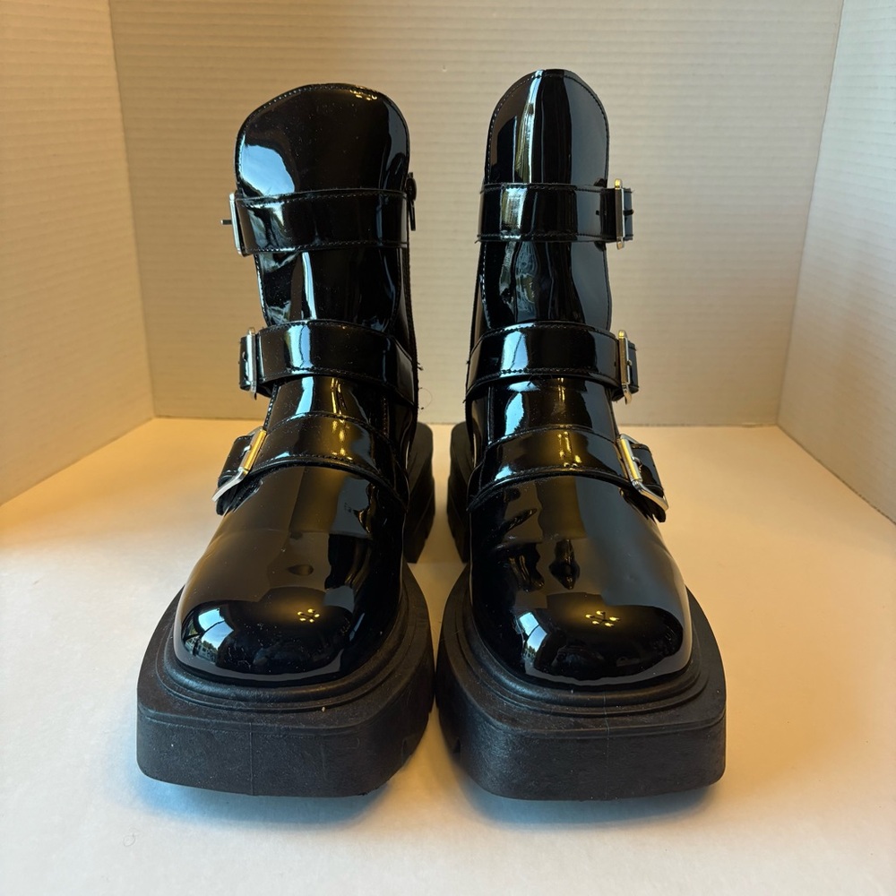 Rouge Helium Black Patent Leather Platform Combat Women's Boots, size 8 - Picture 3 of 10